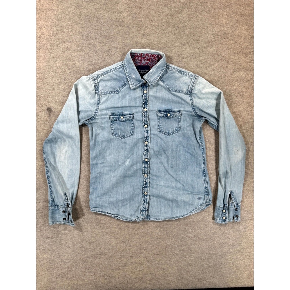 American Eagle Outfitters Western Shirt Women Small Blue Denim Cotton Pearl Snap